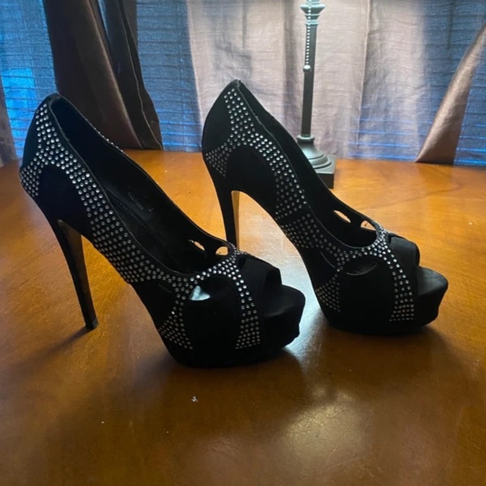 Elegant Black Rhinestone Peep-Toe Heels